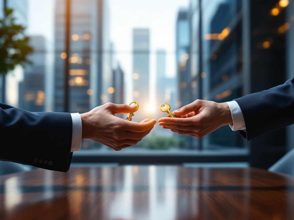 Zakenman overhandigt gouden sleutels aan collega boven mahonie vergadertafel in modern kantoor