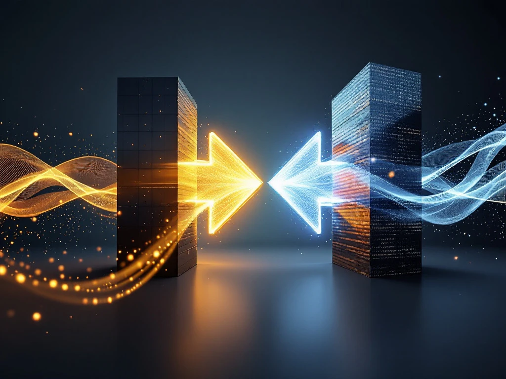 Twee kantoorgebouwen met gouden en zilveren energiestromen die fusie en overname dynamics visualiseren