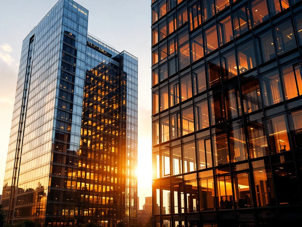 Twee moderne glazen kantoorgebouwen die samensmelten tot één structuur, verlicht door gouden zonlicht