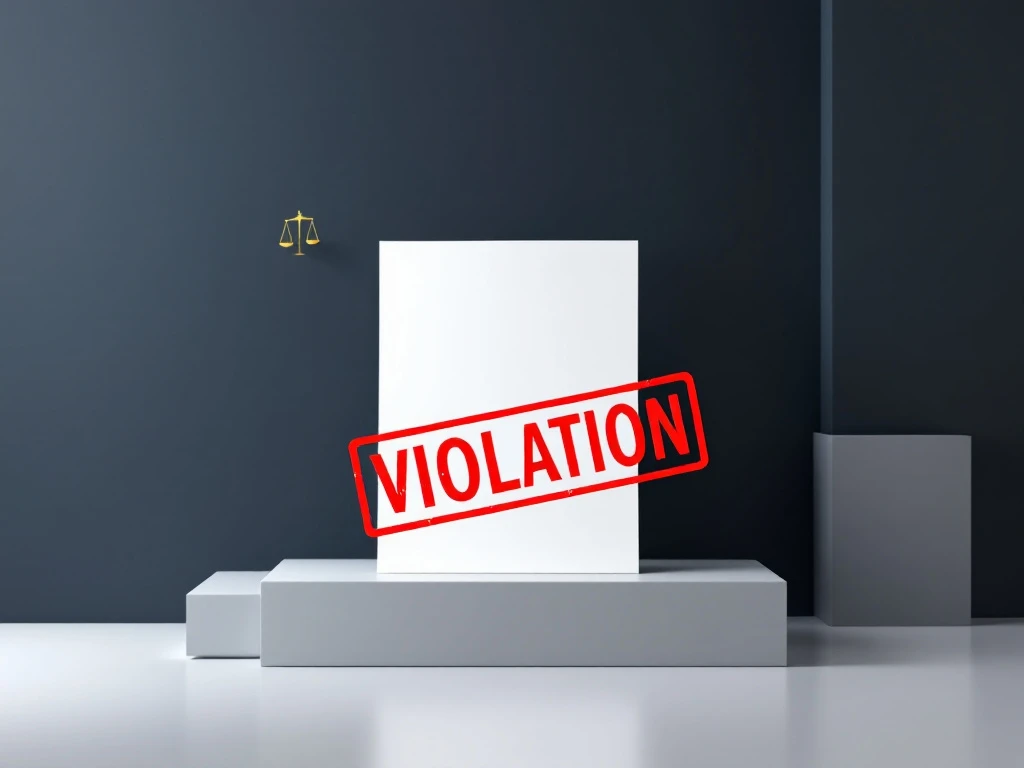 Wit vertrouwelijkheidsdocument met rode "VIOLATION" stempel op donkere achtergrond met gouden weegschaal icoon