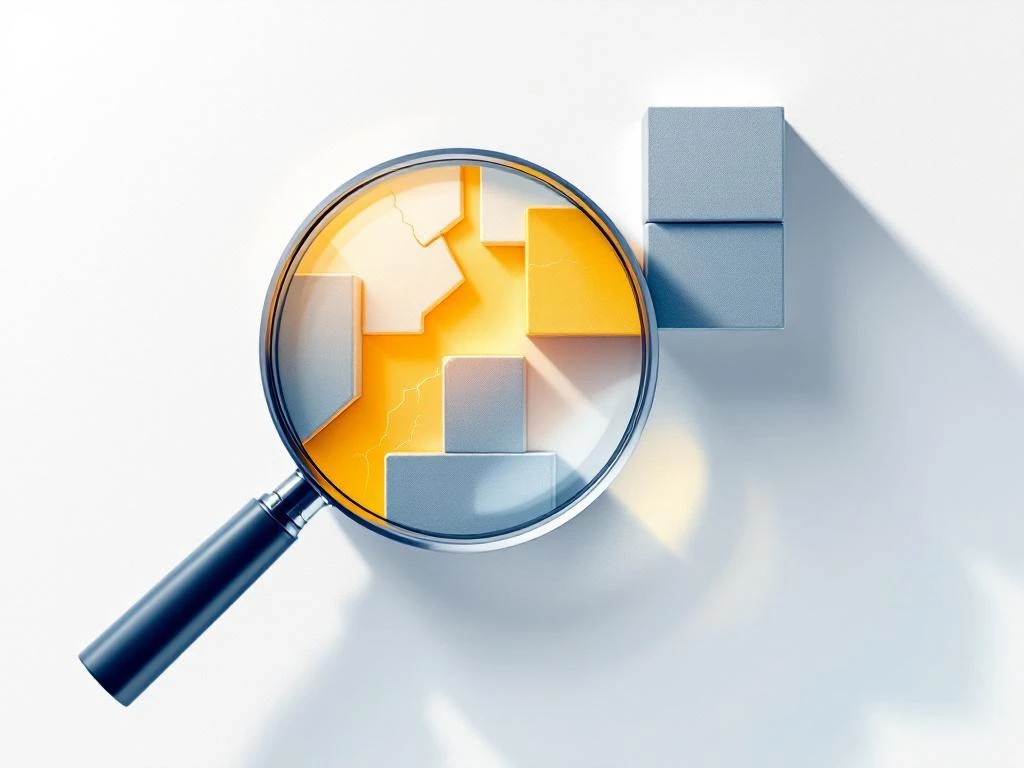 Vergrootglas over geometrische blokken toont verborgen scheuren, amber en grijze stukken op witte achtergrond