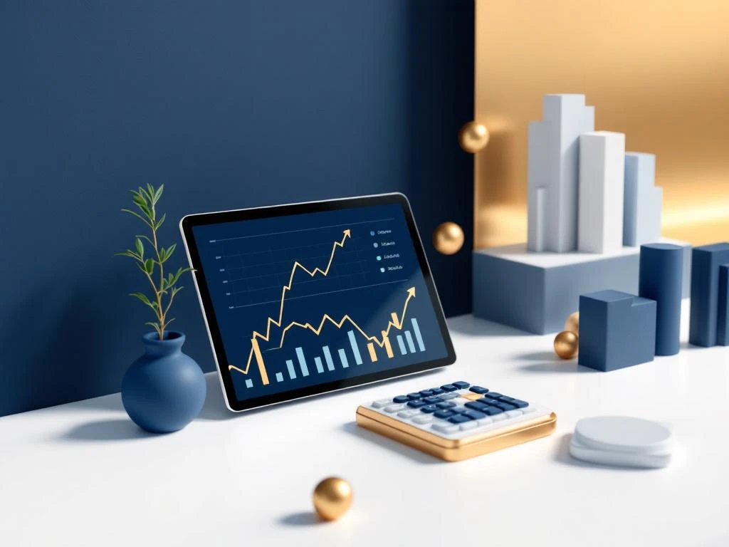 Digitale calculator met stijgende financiële grafieken op wit oppervlak, blauwe en gouden accenten, zakelijke achtergrond