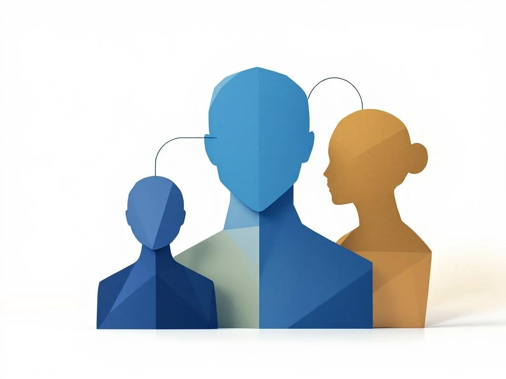 Drie geometrische zakelijke persona's als silhouetten in blauw en goud, verbonden door lijnen in hiërarchische opstelling